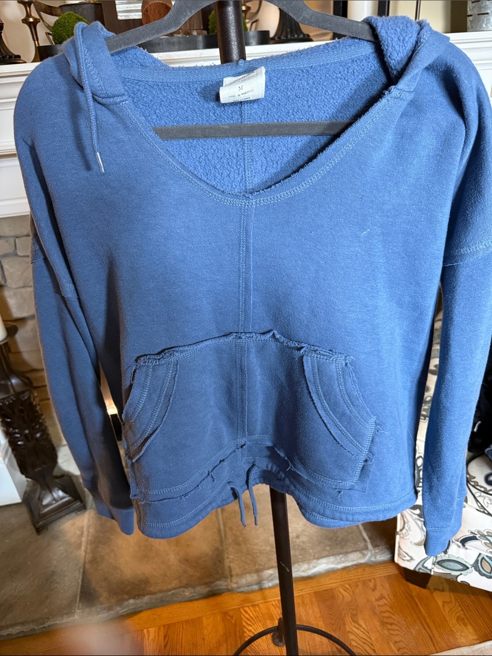 Blue V-Neck Hooded Pullover Sweatshirt with Kangaroo Pocket